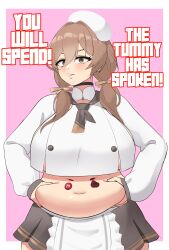 1girl absurdres apron border bready_(nikke) breasts brown_eyes brown_hair brown_skirt choker constricted_pupils cowboy_shot fat fat_woman goddess_of_victory:_nikke grabbing_own_stomach hair_between_eyes hat highres huge_breasts long_hair long_sleeves looking_at_viewer low_twintails miniskirt navel pink_background pleated_skirt shirt simple_background skirt solo standing stomach tiredtorto twintails white_border white_hat white_shirt