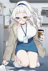 Rule 34 | 1girl, absurdres, black choker, black nails, blue eyes, blue skirt, blush, breasts, choker, commentary, cup, glasses, highres, holding, holding cup, id card, indoors, jacket, lanyard, large breasts, long hair, looking at viewer, meg (wakamepiza), nail polish, office lady, open clothes, open jacket, original, panties, pantyshot, picking up, shirt, skirt, solo, symbol-only commentary, thick eyebrows, thighs, underwear, wakamepiza, white hair, white shirt