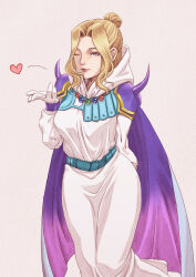 1girl armor blonde_hair blue_eyes cape dress final_fantasy final_fantasy_iv final_fantasy_iv:_the_after_years gloves heart highres jewelry lips non-web_source one_eye_closed rosa_farrell shoulder_armor simple_background solo white_gloves yukimedonn