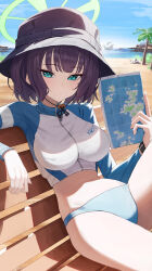 1girl absurdres aqua_eyes beach bench bikini bikini_bottom_only black_hair black_hat blue_archive blue_bikini blue_sky blue_sleeves blunt_bangs blush breasts bright_pupils bucket_hat chinese_commentary closed_mouth commentary_request cowboy_shot day eyelashes frown green_halo halo hand_up hat highres holding holding_map impossible_clothes jacket large_breasts long_sleeves looking_at_viewer map multicolored_jacket ocean on_bench outdoors palm_tree raglan_sleeves re_naya saki_(blue_archive) saki_(swimsuit)_(blue_archive) short_hair sidelighting sitting sky solo swimsuit tree tsurime two-tone_jacket white_jacket