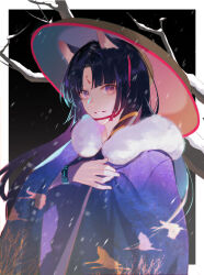Rule 34 | 1girl, animal ears, arknights, bare tree, black background, black hair, blurry, border, brown hat, chinese commentary, cloak, commentary request, facial mark, fingernails, forehead mark, hair intakes, hat, highres, infection monitor (arknights), long hair, looking at viewer, motion blur, outdoors, outside border, parted bangs, pink eyes, plant, purple cloak, saga (arknights), smile, snowing, solo, thewintermarket, tree, upper body, white border, wind