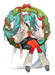 1girl absurdly_long_hair absurdres antlers aqua_eyes aqua_hair bare_shoulders black_skirt bow christmas_ornaments christmas_wreath closed_mouth coat commentary detached_collar detached_sleeves floating flower fur_trim gloves green_necktie grey_footwear hair_between_eyes hair_bow hair_flower hair_ornament hairband hatsune_miku highres holding holding_wreath horns kazenemuri leg_warmers light_smile long_hair necktie pantyhose plaid_clothes plaid_collar red_bow red_gloves red_hairband red_pantyhose red_ribbon reindeer_antlers ribbon shoes sitting sitting_on_object skirt twintails very_long_hair vocaloid white_background white_coat white_leg_warmers wreath