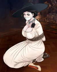 1girl absurdres alcina_dimitrescu bdsm black_hair bondage bound breasts dress earrings fang gag gagged glaring highres improvised_gag jewelry kneehighs large_breasts looking_at_viewer lost_one_zero resident_evil resident_evil_village restrained short_hair socks solo tape tape_gag white_dress yellow_eyes
