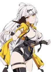 1girl absurdres ahoge animal animal_on_shoulder bird bird_on_shoulder black_bra black_gloves black_shorts bra breasts cleavage closed_mouth fingerless_gloves gloves highres large_breasts mugi0913 shirt shorts smile solo thigh_strap underwear white_shirt yellow_eyes yi_xuan_(zenless_zone_zero) zenless_zone_zero