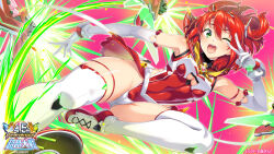 1girl choukou_(alicesoft) choukou_taisen_escalation_heroines clothing_cutout elbow_gloves flying_kick gin_(ginshari) gloves green_eyes highres kicking leotard official_art one_eye_closed open_mouth pleated_skirt red_hair sailor_collar short_hair skirt sonozaki_akari thighhighs twintails underboob_cutout v
