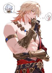 2boys absurdres artist_name braid chibi gauntlets highres honkai:_star_rail honkai_(series) male_focus medium_hair multiple_boys muscular muscular_male mydei_(honkai:_star_rail) no_tattoo orange_hair phainon_(honkai:_star_rail) simple_background thinking upper_body user_wdrh5838 white_background