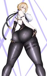 1girl absurdres ass ass_focus ass_support bare_shoulders blonde_hair blue_eyes blush breasts cameltoe come_hither deep_skin evelyn_chevalier fingerless_gloves from_behind from_below gloves hair_bun highres huge_ass large_breasts looking_at_viewer looking_down naughty_face pants parted_lips rutak short_hair_with_long_locks sideboob smile solo thick_thighs thighs zenless_zone_zero
