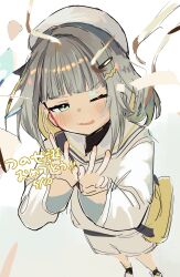 1girl :3 a.i._voice absurdres belt birthday blonde_hair blonde_streaks blunt_bangs blush colored_inner_hair commentary_request confetti from_above green_eyes grey_hair hair_ornament hairclip hands_up hat highres multicolored_hair one_eye_closed open_mouth sabiaji_(gama_ou) sailor_collar shirt short_hair shorts simple_background single_hair_intake sketch solo streaked_hair streamers tsunose_kotone tsunose_kotone_(tsubomi) v white_background white_hat white_sailor_collar white_shirt white_shorts