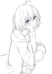 1girl absurdres ahoge angry azuuru blue_eyes closed_mouth coat collared_shirt elaina_(majo_no_tabitabi) hand_on_own_cheek hand_on_own_face highres hood long_sleeves looking_at_viewer majo_no_tabitabi open_clothes open_robe robe shirt shoes short_hair simple_background solo squatting unfinished white_background