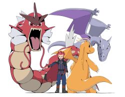 1boy aerodactyl alternate_color belt black_belt black_boots black_cape black_eyes blue_jacket blue_pants boots cape commentary dragonite gen_1_pokemon gyarados highres jacket lance_(pokemon) long_sleeves looking_at_viewer male_focus nintendo open_mouth pants pokemon pokemon_(creature) pokemon_hgss psaber97 red_hair shiny_pokemon short_hair spiked_hair standing white_background