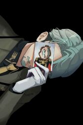 1boy absurdres basic_learning beard black_background challia_bull char_aznable collared_shirt facial_hair gloves green_eyes green_hair gundam gundam_gquuuuuux highres holding holding_photo jacket long_sleeves looking_at_viewer male_focus military_jacket military_uniform mustache necktie photo_(object) shirt short_hair sideways simple_background solo