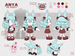 1girl animal_ears anya_the_rabbit artist_name blue_fur blue_hair blush brown_dress brown_shoes chao_(sonic) character_name closed_eyes collared_dress dress english_text furry furry_female gloves highres long_hair looking_at_viewer magicbun multiple_views necktie open_mouth original pantyhose pink_eyes pink_necktie rabbit_ears rabbit_girl reference_sheet ringlets shoes sleeveless sleeveless_dress sonic_(series) white_gloves white_pantyhose