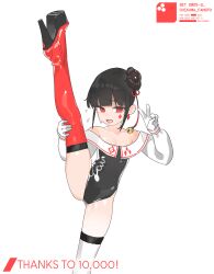 Rule 34 | 1girl, artist name, bare shoulders, black hair, black leotard, boots, breasts, chikuwa fan973, collarbone, earrings, flying sweatdrops, gloves, high heel boots, high heels, highres, jewelry, leg up, leotard, lower teeth only, milestone celebration, original, red boots, red eyes, short hair, simple background, single earring, small breasts, solo, split, standing, standing on one leg, standing split, sweat, teeth, thigh boots, v, white background, white boots, white gloves