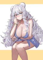 Rule 34 | 1girl, arknights, bikini, blue bikini, blue eyes, bracelet, breasts, closed mouth, commentary request, heterochromia, highres, jewelry, large breasts, long hair, looking at viewer, red eyes, revision, rosa (arknights), smile, solo, solokitsune, swimsuit, two-tone background, very long hair, white background, white hair, yellow background
