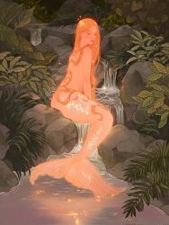 Rule 34 | 1girl, artist name, blonde hair, bush, commentary, english commentary, fins, fish tail, hannahartwork, highres, long hair, mermaid, monster girl, nude, original, outdoors, rock, sitting, solo, sparkle, tail, water, waterfall