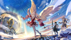 1boy 2girls angel_wings black_coat black_hair black_pants black_shoes black_skirt blue_sky breasts cape coat commentary_request dan_heng_(honkai:_star_rail) dan_heng_(hunt)_(honkai:_star_rail) dress field flower flower_field grey_hair hat highres holding holding_polearm holding_weapon honkai:_star_rail honkai_(series) hyacine_(honkai:_star_rail) kephale_(honkai:_star_rail) medium_hair multiple_girls outdoors pants pantyhose pink_hair polearm red_dress red_hat shoes short_hair skirt sky stelle_(honkai:_star_rail) thighs trailblazer_(honkai:_star_rail) twintails weapon white_cape white_pantyhose wings zawzawa