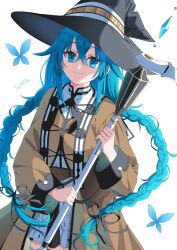 1girl artist_name black_hat blue_butterfly blue_eyes blue_gemstone blue_hair braid brown_cloak bug butterfly cloak closed_mouth commentary_request cowboy_shot crossed_bangs double-parted_bangs dress gem hat highres holding holding_staff insect large_hat long_hair long_sidelocks long_sleeves looking_at_viewer mage_staff mushoku_tensei roxy_migurdia sidelocks simple_background smile solo staff syaka415 twin_braids white_background white_dress witch_hat