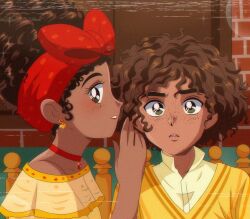 1990s_(style) 1boy 1girl afro bird brenni_murasaki brown_eyes brown_hair camilo_madrigal choker colombian_clothes curly_hair dark-skinned_female dark_skin dolores_madrigal earrings encanto heart heart_earrings jewelry listening red_choker retro_artstyle toucan very_dark_skin