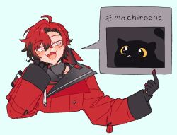 1boy ahoge black_choker black_gloves black_hair blush chim43ra choker commentary creature cropped_torso curtained_hair english_commentary fang gloves hair_between_eyes holostars holostars_english index_finger_raised jacket long_sleeves machina_x_flayon machina_x_flayon_(1st_costume) machiroon_(machina_x_flayon) male_focus multicolored_hair open_mouth red_hair red_jacket short_hair side_part simple_background smile speech_bubble spoken_character upper_body virtual_youtuber white_background