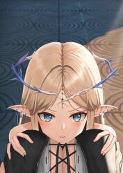 2girls absurdres blonde_hair blue_eyes blush breasts cartethyia_(wuthering_waves) commentary commonalty cross-laced_clothes cross-laced_top crown_of_thorns earrings female_pov female_rover_(wuthering_waves) from_above grabbing_another&#039;s_breast groping highres jewelry large_breasts looking_at_viewer multiple_girls pointy_ears pout pov pov_breasts rover_(wuthering_waves) sidelocks tacet_mark_(wuthering_waves) wuthering_waves