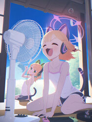 Rule 34 | 2girls, animal ear headphones, animal ears, blue archive, cat ear headphones, commentary request, dolphin shorts, electric fan, fake animal ears, fake tail, food, game console, green halo, halo, headphones, highres, hot, katagiri gamma, midori (blue archive), momoi (blue archive), multiple girls, nintendo switch, open mouth, pink halo, popsicle, shirt, shorts, siblings, sisters, sitting, summer, sweat, tail, twins