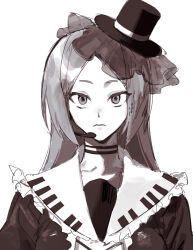 1boy aa_kabeuchi choker closed_mouth commentary_request dress fascinator frown greyscale hat headset highres long_hair looking_at_viewer male_focus mini_hat mini_top_hat monochrome namine_ritsu parted_bangs piano_print portrait print_sailor_collar sailor_collar simple_background solo straight-on top_hat trap upper_body utau