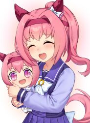 1girl absurdres animal_ears bow bowtie doll ear_covers facing_viewer haru_urara_(umamusume) headband highres holding holding_doll horse_ears horse_girl horse_tail horseshoe_ornament long_hair long_sleeves open_mouth pink_hair pleated_skirt ponytail purple_shirt red_headband ress_beep sailor_collar sailor_shirt school_uniform shirt skirt smile solo tail tracen_school_uniform umamusume white_bow white_bowtie