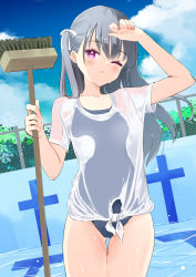 arm_up black_hair blouse blue_one-piece_swimsuit blush brush cleaning_brush cloud gluteal_fold haoriya_chie_(minidraco) highres long_hair minidraco no_pants one-piece_swimsuit one_eye_closed original outdoors pink_eyes pool ribbon school_swimsuit see-through_clothes shirt short_sleeves side_ponytail sky swimsuit swimsuit_under_clothes t-shirt thigh_gap thighs wet wet_clothes wet_shirt white_shirt