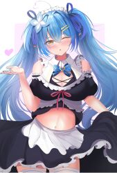 1girl absurdres apron bare_shoulders black_shirt black_skirt blue_hair blue_nails blush cowboy_shot elf heart highres hololive maid maid_headdress one_eye_closed pointy_ears purple_background shirt simple_background skirt solo twintails virtual_youtuber waniwani_(wasabiwaniwani) white_background yellow_eyes yukihana_lamy