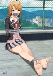 1girl absurdres arms_behind_back barefoot bdsm blush body_blush bondage bound bound_ankles breast_bondage breasts brown_eyes brown_hair collarbone gag gagged hair_between_eyes highres improvised_gag isshiki_iroha legs long_legs looking_at_viewer miniskirt open_collar ribbon school_uniform shadow_xcp skirt tape tape_gag toenails toes yahari_ore_no_seishun_lovecome_wa_machigatteiru.