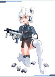 Rule 34 | 1girl, absurdres, ahoge, black leotard, blue hair, blue necktie, boots, borrowed character, breasts, chikuwa fan973, commission, full body, gloves, gun, headset, high heel boots, high heels, highres, holding, holding gun, holding weapon, leotard, medium breasts, multicolored hair, necktie, on one knee, open mouth, original, smile, solo, streaked hair, teeth, thigh boots, upper teeth only, weapon, white boots, white gloves, white hair