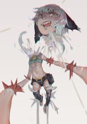 1girl absurdres blood cat_girl chromatic_aberration collar dark-skinned_female dark_skin detachable_head fangs headless highres mao2_(lastnightgoodnight) ms._fortune_(skullgirls) neck_bell open_mouth scar sharp_teeth shirt short_hair skullgirls smile solo teeth white_shirt