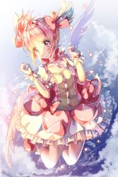 1girl ahoge angel_wings blue_sky bow bow_choker buttons center_frills chest_jewel chinese_commentary choker circle_skirt cloud collarbone commentary_request day downturned_eyes dress feathered_wings floating_clothes floating_hair frilled_dress frilled_skirt frilled_sleeves frilled_socks frills full_body gem gleam gloves hair_bow hair_intakes highres jumping kaname_madoka kneehighs light_blush light_particles lolita_fashion looking_to_the_side loose_hair_strand magical_girl mahou_shoujo_madoka_magica mahou_shoujo_madoka_magica_(anime) mary_janes miniskirt outdoors parted_lips pink_bow pink_choker pink_dress pink_eyes pink_gemstone pink_hair puffy_short_sleeves puffy_sleeves red_shoes sakuya_no_aotori shoes short_dress short_hair short_sleeves short_twintails skirt skirt_under_dress sky socks solo sparkle square_neckline tareme twintails waist_bow white_gloves white_skirt white_sleeves white_socks white_wings wings