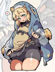 1boy aqua_eyes banknote black_shorts blonde_hair bridget_(guilty_gear) clothes_lift cowboy_shot dollar_bill fingerless_gloves gloves guilty_gear guilty_gear_strive heart implied_prostitution itsuka_neru long_hair looking_at_viewer male_focus medium_hair money shorts skirt skirt_lift solo spoken_heart sweatdrop thick_thighs thighs trap