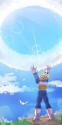 Rule 34 | 1boy, bird, blonde hair, cloud, cloudy sky, dragon ball, grass, highres, muscular, muscular male, open sky, saiyan armor, sky, solo, spiked hair, sunlight, super saiyan, trunks (dragon ball), trunks (future) (dragon ball)