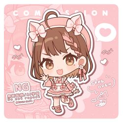 Rule 34 | 1girl, :d, ahoge, animal ears, apron, blush, bow, braid, breasts, brown eyes, brown hair, chibi, cleavage, cleavage cutout, clothing cutout, commentary request, dress, ear bow, fang, frilled sleeves, frills, heart, highres, indie virtual youtuber, kurono kito, kuu (kurono kito), long sleeves, looking at viewer, mole, mole under eye, multicolored hair, open mouth, outline, pink bow, pink dress, pink hair, pink shoes, shoes, signature, small breasts, smile, solo, spoken heart, standing, standing on one leg, streaked hair, twitter username, v-shaped eyebrows, virtual youtuber, watermark, white apron, white outline, wide sleeves, zoom layer