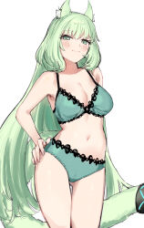 Rule 34 | 1girl, animal ear fluff, animal ears, arknights, bra, cat ears, cat girl, cat tail, contrapposto, cowboy shot, green eyes, green hair, green tail, hand on own hip, harmonie (arknights), highres, lace, lace-trimmed bra, lace-trimmed panties, lace trim, long hair, panties, poco (backboa), smile, smug, solo, tail, tail ornament, tail ring, underwear, underwear only, white background