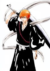 Rule 34 | 1boy, alpen no koyari, arm at side, black hakama, black kimono, bleach, brown eyes, clenched hand, closed mouth, collarbone, commentary request, eyebrows hidden by hair, fighting stance, hair between eyes, hakama, hand up, highres, holding, holding sword, holding weapon, japanese clothes, kimono, kubo tite (style), kurosaki ichigo, long sleeves, looking at viewer, male focus, official style, orange hair, serious, shikai, short hair, solo, spiked hair, sword, tsurime, v-shaped eyebrows, weapon, wide sleeves, zangetsu (shikai)