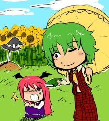 2girls ^^^ ascot bat_wings blush book chibi embodiment_of_scarlet_devil female_focus flower grave green_hair hat head_wings kazami_yuuka koakuma long_hair multiple_girls one_eye_closed parasol plaid_clothes plaid_skirt plaid_vest red_hair sho_(pixiv) sho_(shirojiro_kuroguro) short_hair skirt skirt_set solid_circle_eyes sunflower tears touhou umbrella vest wings wink witch_hat