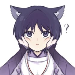 1boy animal_ear_fluff animal_ears bridal_gauntlets cat_ears cheek_press eyelashes female_pov genshin_impact hair_intakes hands_on_another&#039;s_face japanese_clothes kariginu kimono lillii_nya looking_at_viewer mother_and_son open_mouth pov purple_bridal_gauntlets purple_hair purple_kimono purple_nails raiden_shogun scaramouche_(genshin_impact) scaramouche_(kabukimono)_(genshin_impact) string tasuki triangle_mouth white_background white_sleeves wispy_bangs