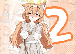 1girl 2025 absurdres animal_ear_fluff b.t._(boob_tong) blue_archive breasts closed_eyes dress finger_counting flat_chest hanbok highres korean_clothes light_blush long_hair mari_(blue_archive) orange_hair sleeves_past_wrists sweatdrop thumbnail_collage twintails white_hanbok