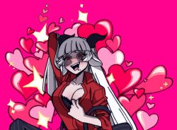 animal_ears baphomet_(grizz) black_horns breasts demon demon_girl demon_horns demon_tail goat_ears goat_girl goat_horns goat_tail gonzalocosta888 grizz heart helltaker horns large_breasts long_hair original red_eyes red_shirt shirt tail vanripper_(style) white_hair white_horns