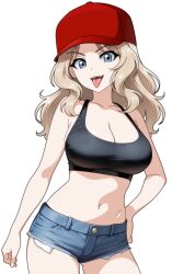 Rule 34 | 1girl, :d, baseball cap, black tank top, blonde hair, blue eyes, breasts, cleavage, denim, denim shorts, devil jone qrit, girls und panzer, hand on own hip, hat, highres, kay (girls und panzer), large breasts, long hair, looking at viewer, midriff, navel, open mouth, red hat, short shorts, shorts, simple background, smile, solo, stomach, tank top, tongue, tongue out, transparent background