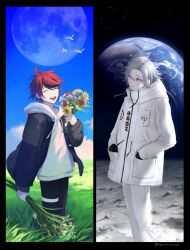 2boys ^_^ ahoge aotsuki_eito black_border black_gloves black_streaks blue_eyes blue_jacket border bouquet closed_eyes closed_mouth drawstring earth_(planet) field flower glasses gloves grey_hair grey_jacket hands_in_pockets holding holding_bouquet hood hoodie jacket jacket_over_hoodie looking_to_the_side male_focus moon multicolored_hair multicolored_jacket multiple_boys on_moon planet red_hair seiran_yoroz short_hair smile space streaked_hair sumino_takumi the_hundred_line_-last_defense_academy- two-tone_jacket white_hoodie white_jacket