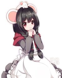 1girl animal animal_ears apron apron_pocket artist_name black_hair blush bow braid capelet dress frilled_apron frilled_dress frills grey_dress grey_shirt grey_sleeves hair_over_eyes hair_tie highres light_blush long_hair long_sleeves looking_at_viewer looking_to_the_side mouse_(animal) mouse_ears mouse_girl mouse_tail original own_hands_clasped own_hands_together pupa_jiang ratkin_(rimworld) red_capelet red_eyes ribbon rimworld shirt signature simple_background sitting smile tail twin_braids waist_apron white_background white_bow white_ribbon