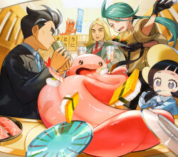 2boys 2girls absurdres black_eyes black_gloves black_hair black_pants black_suit blonde_hair blue_necktie bonnet bright_pupils cup earrings food fork forked_eyebrows formal_clothes gen_1_pokemon gloves green_hair green_jacket grey_eyes grey_hair hassel_(pokemon) hat highres holding holding_cup holding_fork holding_plate indoors jacket jewelry larry_(pokemon) lickitung long_hair low_ponytail multicolored_hair multiple_boys multiple_girls necktie nintendo open_mouth orange_eyes orange_mikan pants plate pokemon pokemon_(creature) pokemon_sv ponytail poppy_(pokemon) red_necktie rika_(pokemon) shirt short_hair small_sweatdrop streaked_hair suit suit_jacket sushi suspenders swept_bangs tatsugiri tatsugiri_(curly) two-tone_hair white_shirt yellow_shirt