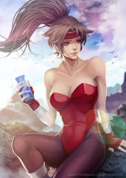 1girl arm_support artist_name bare_shoulders bird black_pantyhose breakers breasts brown_eyes brown_hair can cleavage closed_mouth cloud cloudy_sky collarbone day drink_can facebook_username female_focus fingerless_gloves gloves headband heavy_lens_flare high_ponytail holding holding_can large_breasts lens_flare leotard lips long_hair looking_away magion02 nose outdoors pantyhose playboy_bunny ponytail signature sitting sky smile soda_can solo sweat tia_langray watermark web_address wet wrist_wrap