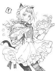 ! 1boy ahoge animal_ears apron bell braid cat_boy cat_ears cat_tail cowboy_shot crossdressing edward_elric frown fullmetal_alchemist furrowed_brow gloves greyscale highres holding holding_plate kemonomimi_mode long_hair maid maid_apron maid_headdress male_focus mechanical_arms monochrome neck_bell parted_bangs plate single_braid single_mechanical_arm sketch solo spoken_exclamation_mark sweatdrop tail tropical_drink white_background white_gloves xue_ezi
