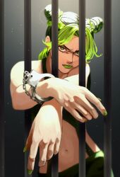 1girl bare_shoulders bun_with_braided_base cone_hair_bun cuffs double_bun glaring green_eyes green_hair green_lips green_nails hair_bun handcuffs highres jojo_no_kimyou_na_bouken kuujou_jolyne lipstick looking_at_viewer makeup midriff multicolored_hair navel prison_cell solo stone_ocean togusa_jj two-tone_hair