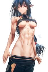 1girl abs alf874 breasts clothes_pull medium_breasts muscular muscular_female pants pointy_ears red_eyes tagme underboob